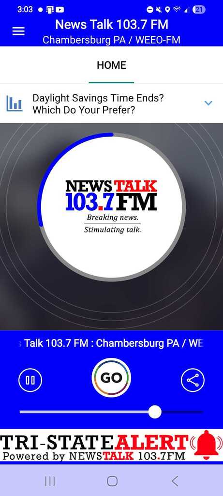News Talk 103.7 FM app player screen