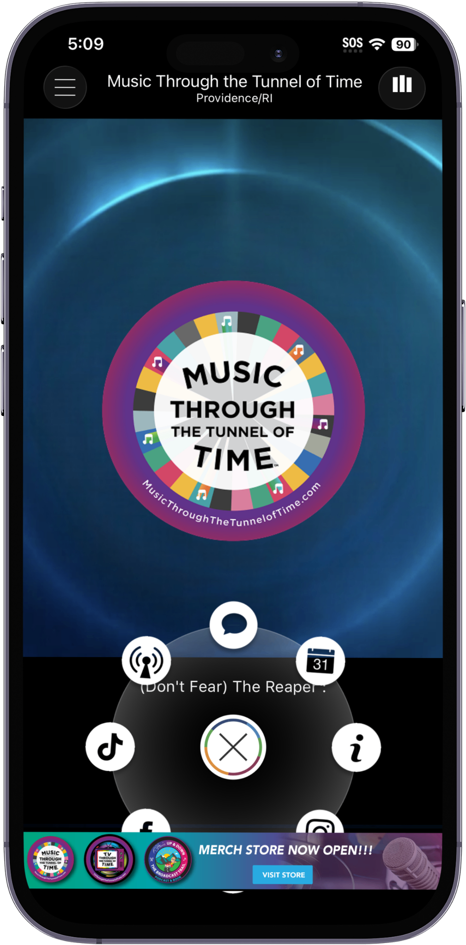 Music Through the Tunnel of Time player screen in the RadioFX mobile app