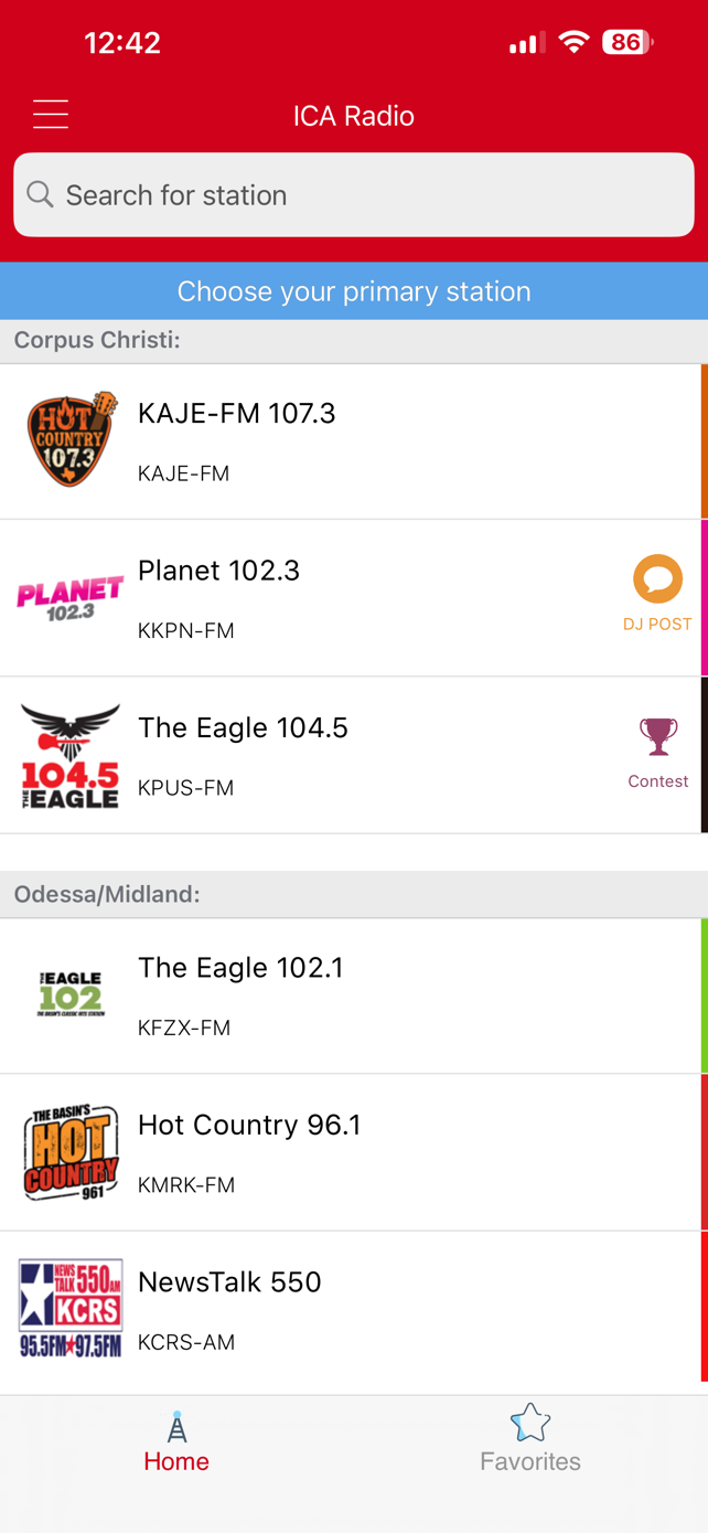 ICA Radio app station selection screen