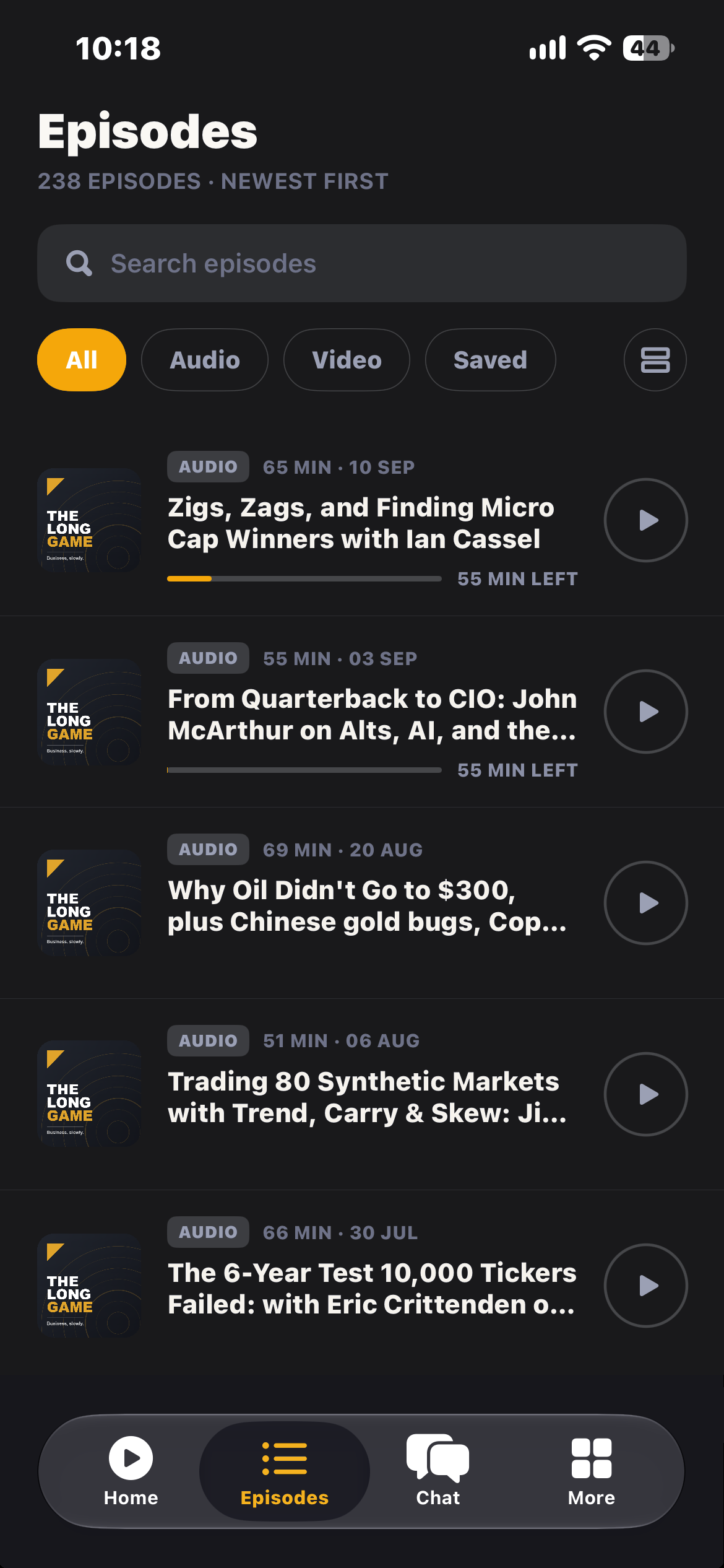Podcast episode library with search and playback controls