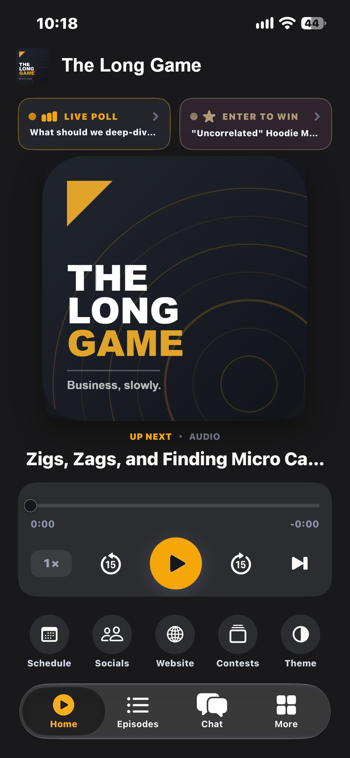 The Long Game podcast app home screen
