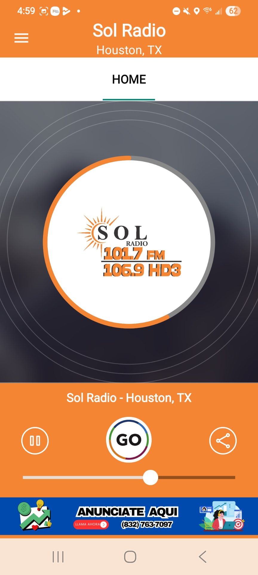 Sol Radio app player screen