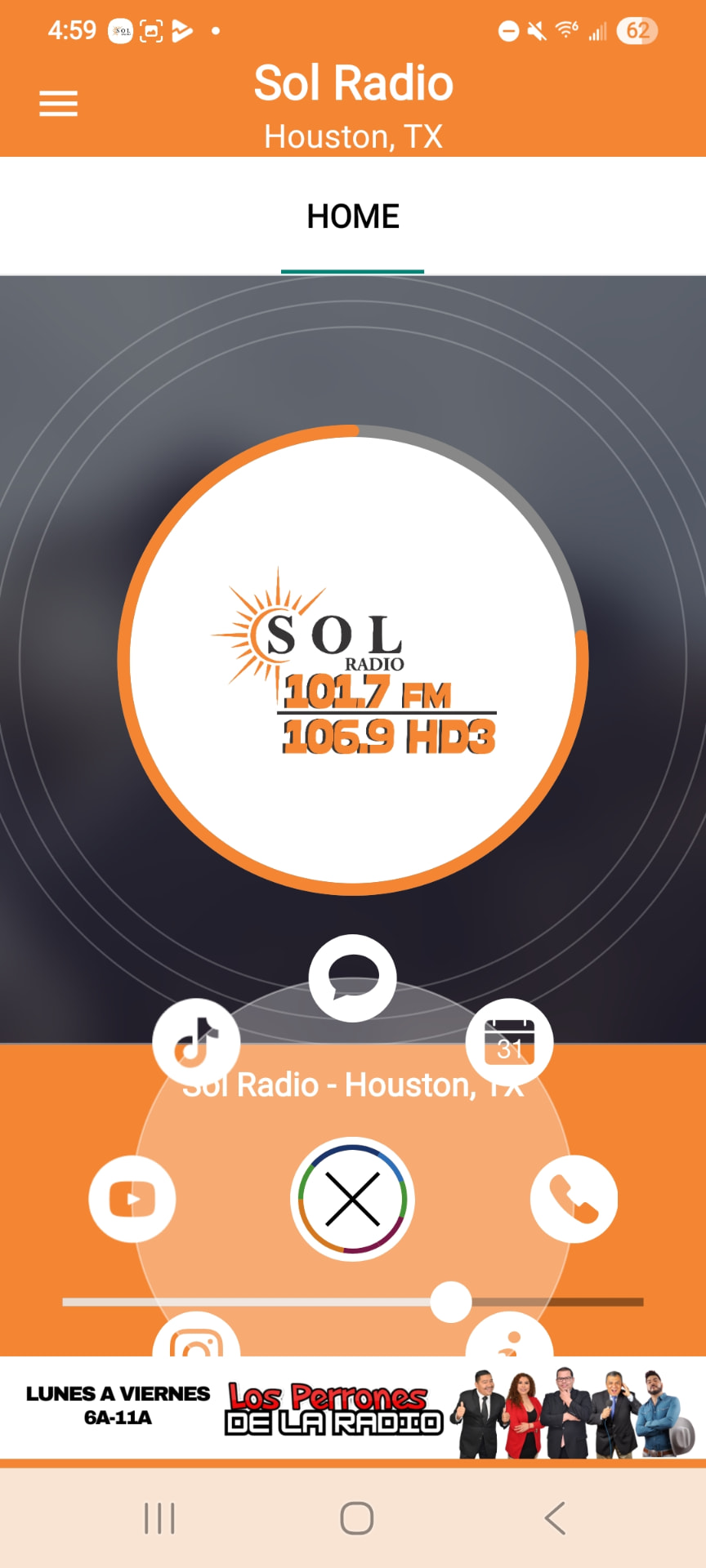 Sol Radio app social and features menu